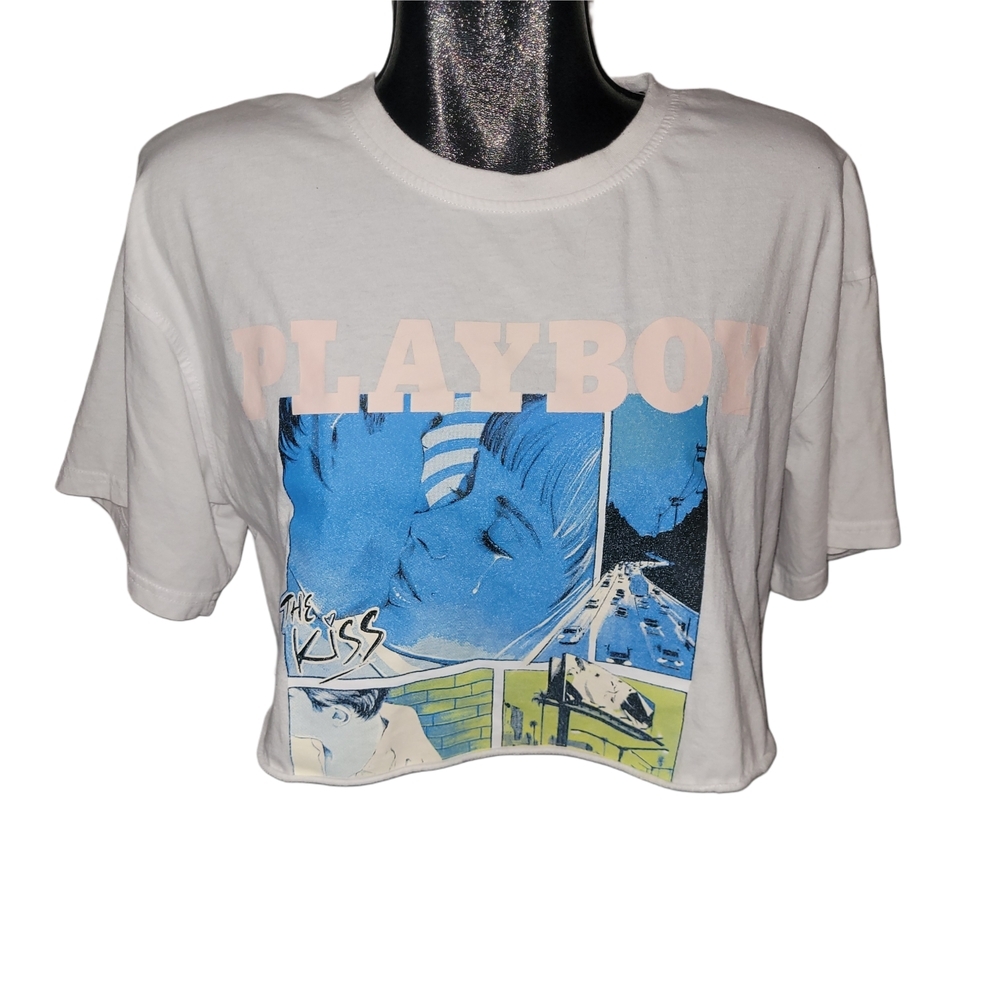 Playboy Y2K Graphic Front Cropped Oversized TShirt in White Size S